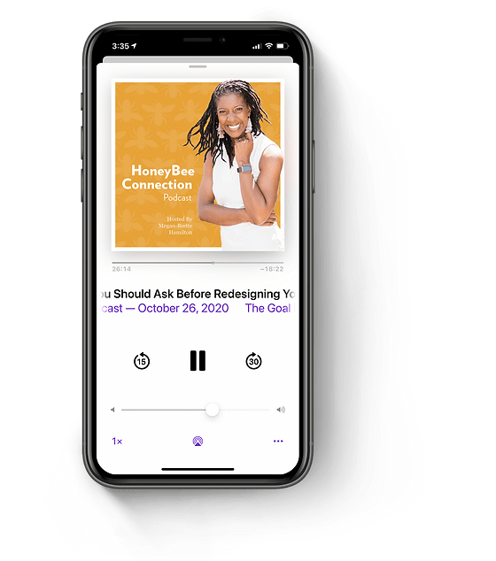 The scene features a round rubber stamp effect on a piece of paper. Podcast Megan Brette Hamilton