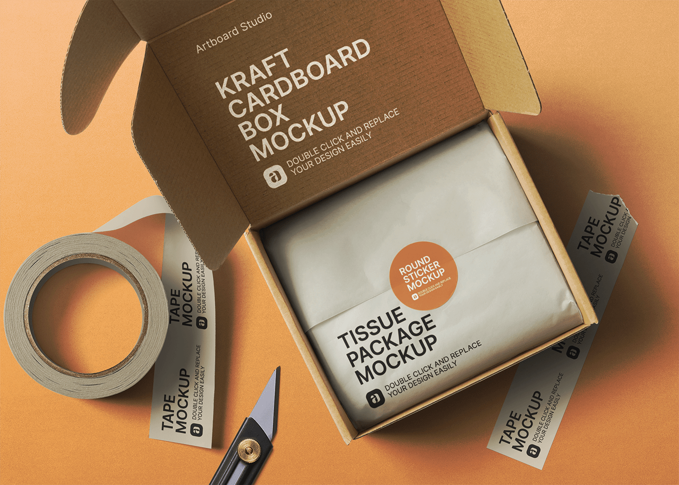 This directory offers you the best free packaging mockups: Kraft Cardboard Box Package Mockup Scene